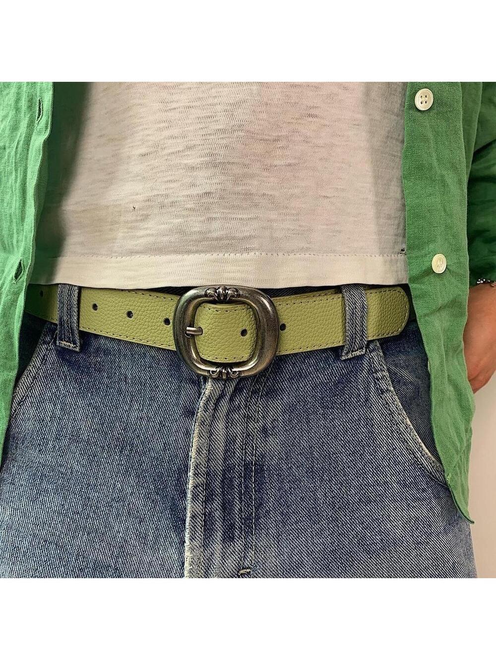 Y2k style Green leather belt with silver buckle. Nice simplistic style. 39 - Picture 7 of 8